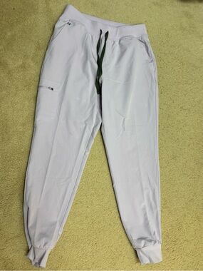 Figs Women's scrubs Jogger Pants in Light Gray with Dark Green Drawstring